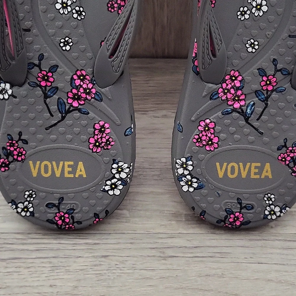 Vovea Womens 39 Floral Flip Flop Sandals Double Strap Grey Pink Cushioned‎